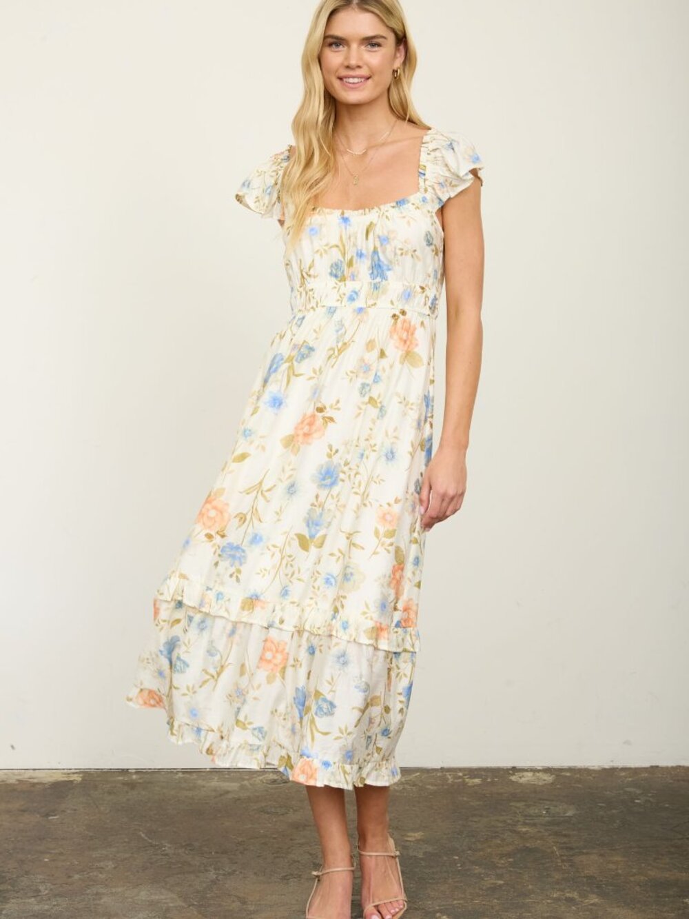 Floral Scoop Neck Ruffle Short Sleeve Midi Dress